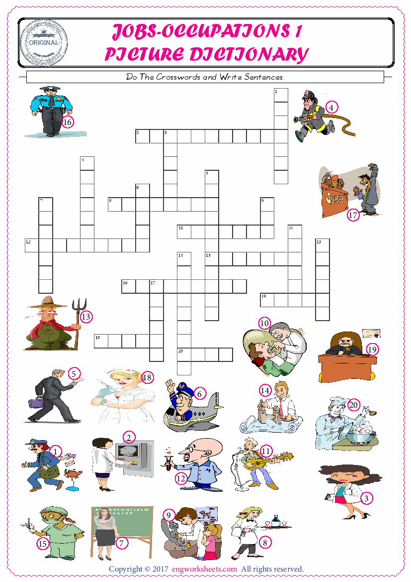  ESL printable worksheet for kids, supply the missing words of the crossword by using the Jobs-Occupations picture. 